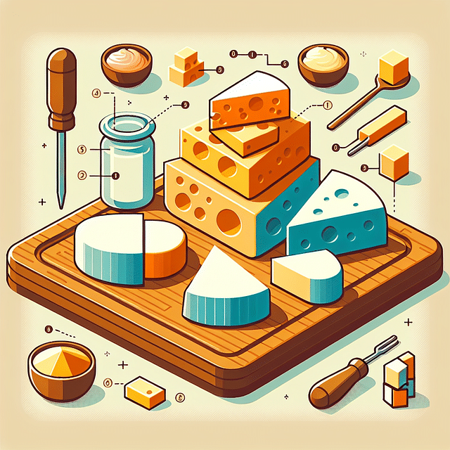 cheese wedges stacked on a cheeseboard