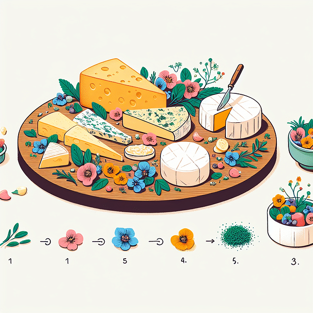 cheeseboard garnished with herbs and edible flowers