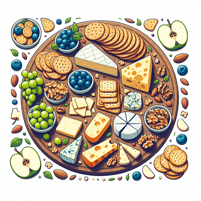cheeseboard with nuts, crackers, and fruits