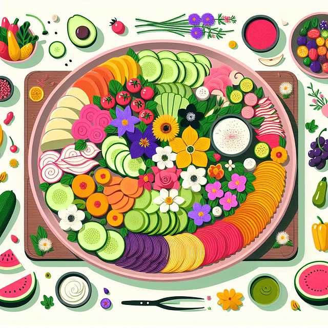 colorful vegan starter platter with edible flowers