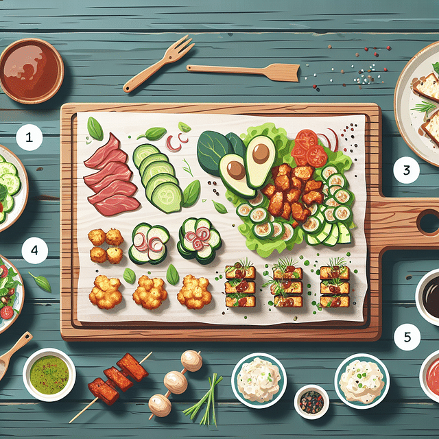 vegan starters presented on a rustic wood board