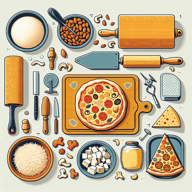 a kitchen counter with pizza-making tools and a variety of vegan cheeses