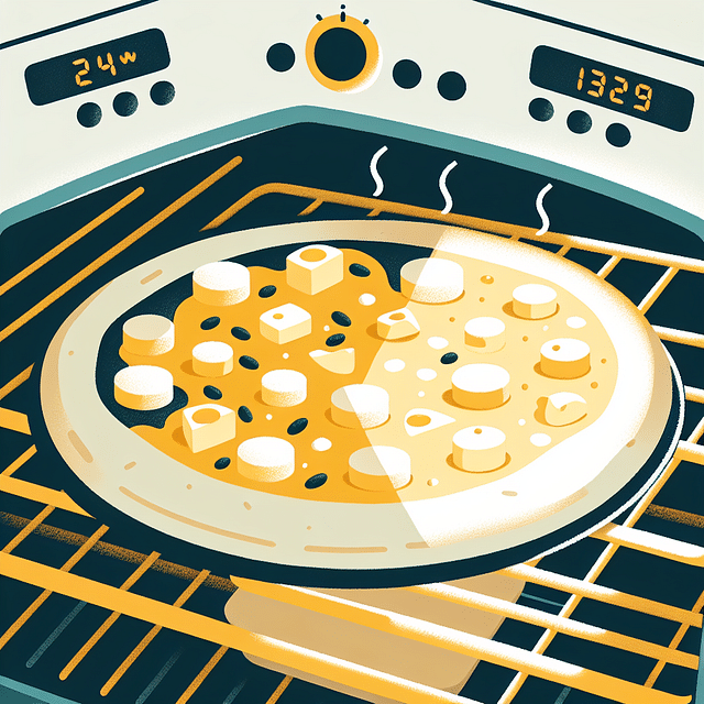 pizza with various vegan cheeses baking in a hot oven