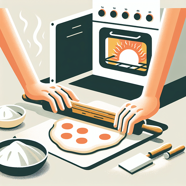 hands rolling pizza dough on a floured surface with a hot oven in the background