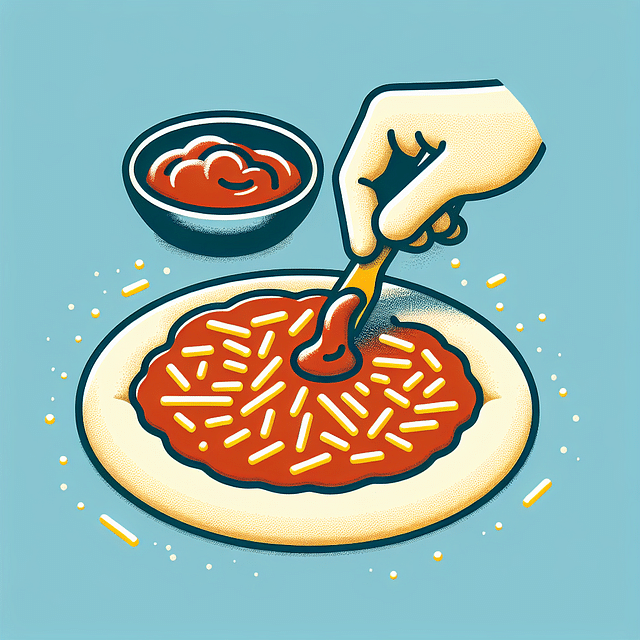 spreading sauce on pizza dough with a sprinkle of vegan cheese