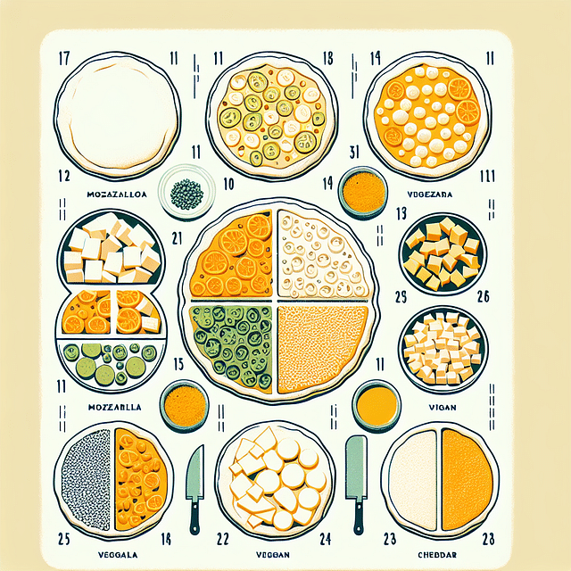pizza dough divided into sections with different types of vegan cheese on each
