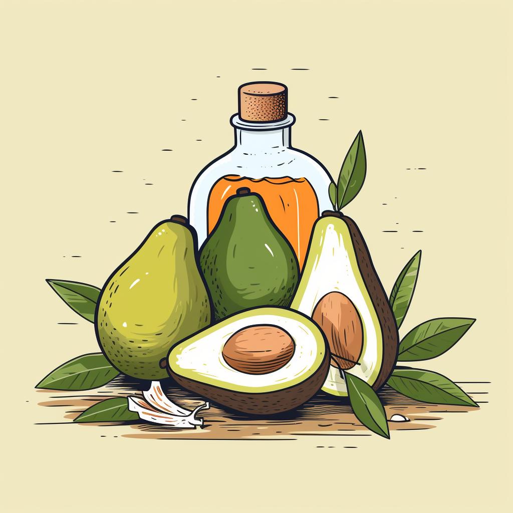Ripe avocado, coconut oil, and lemon on a kitchen counter.