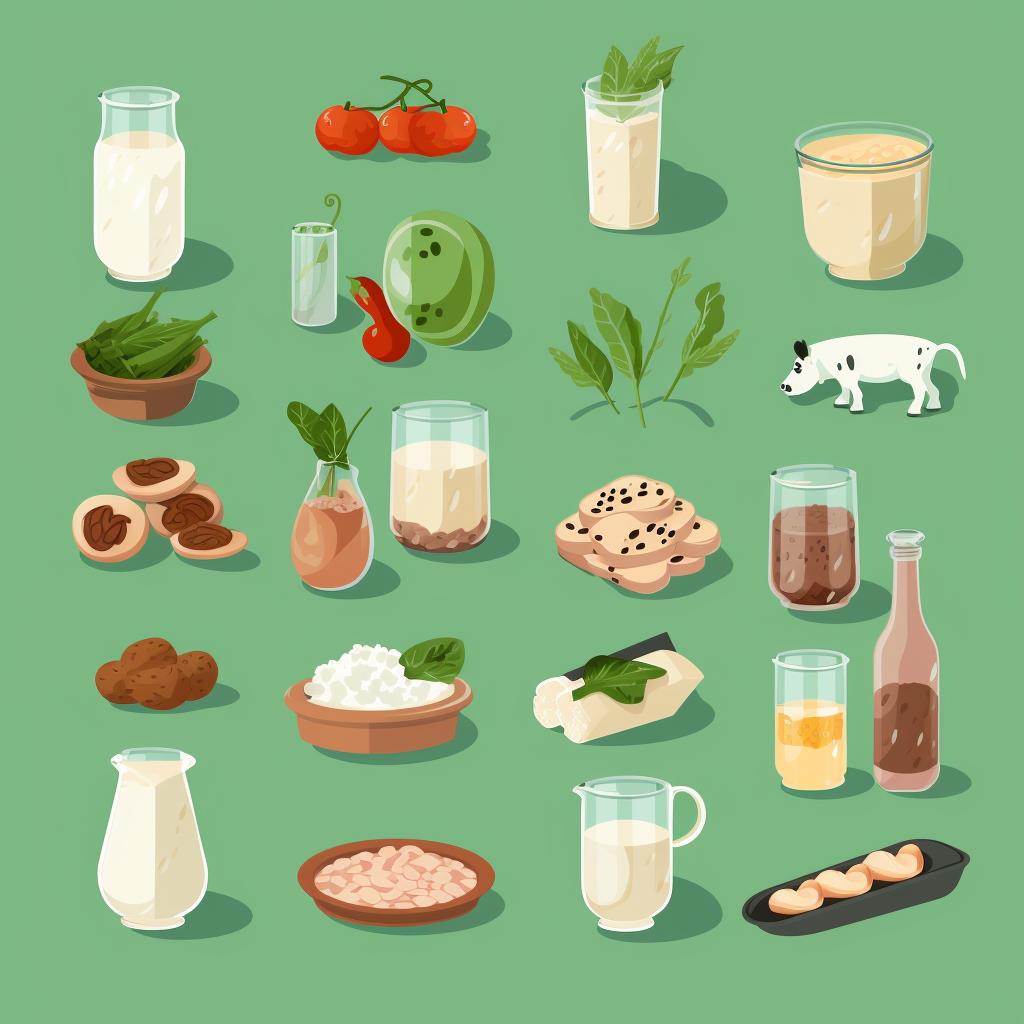Assortment of vegan alternatives like plant-based milk and meat