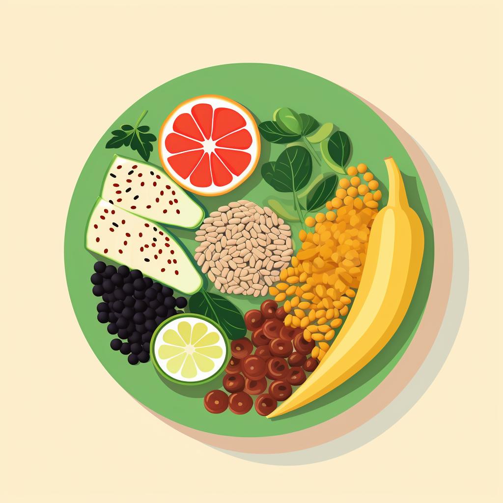 Plate full of colorful fruits, vegetables, grains, and legumes