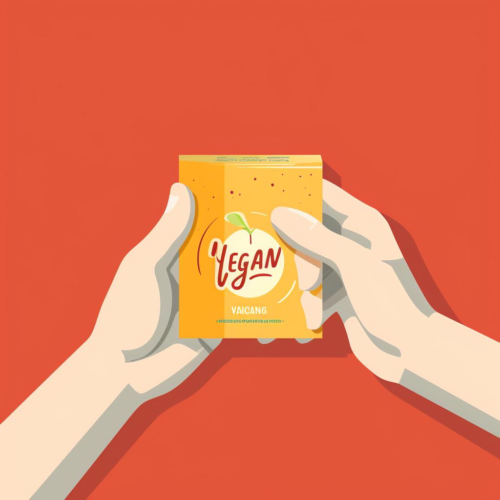 A hand pointing at a 'Vegan' label on a food package